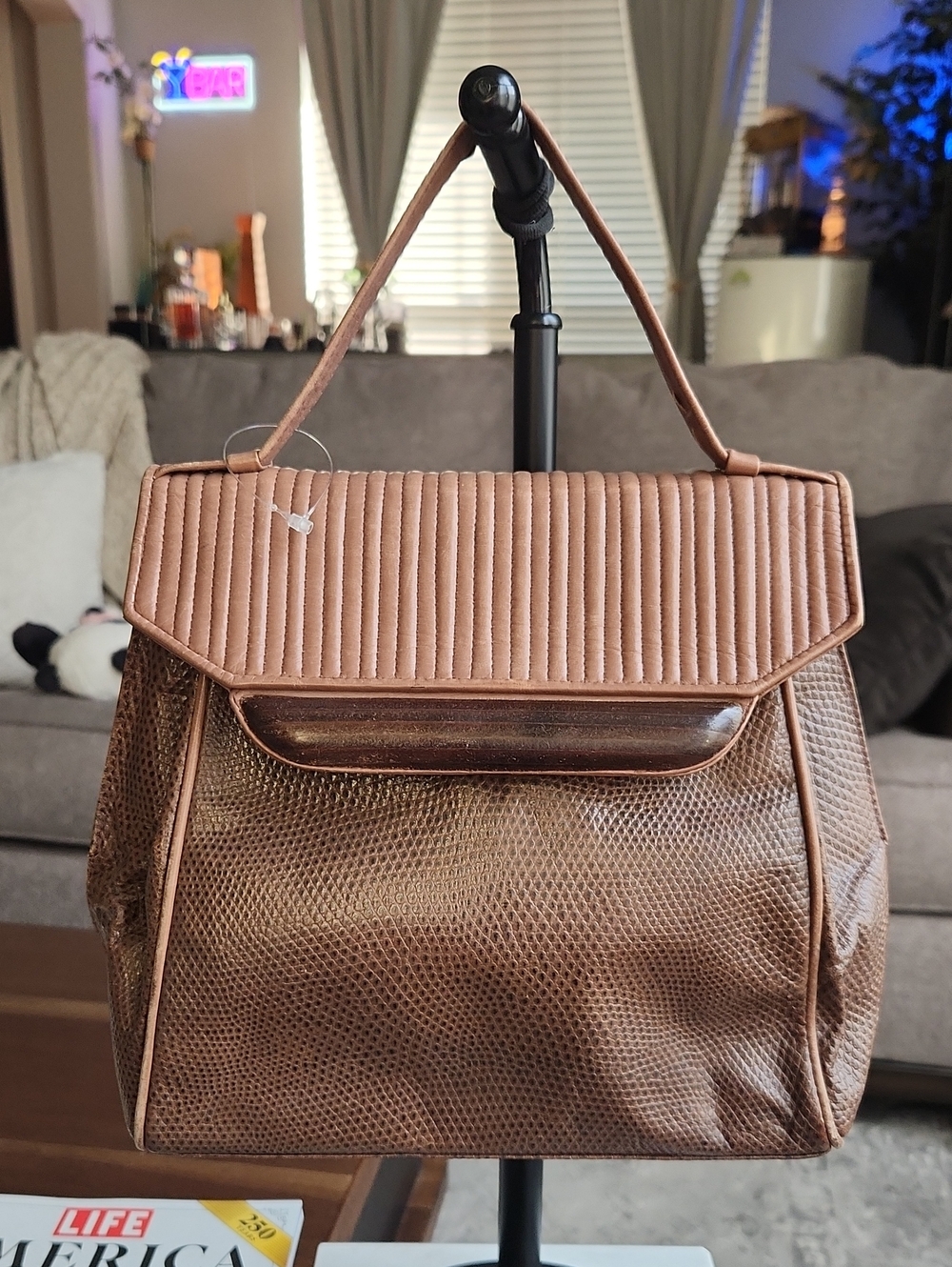 Vintage RODO Italy Brown Exotic Reptile Handbag Top Handle Wood Trim Flap